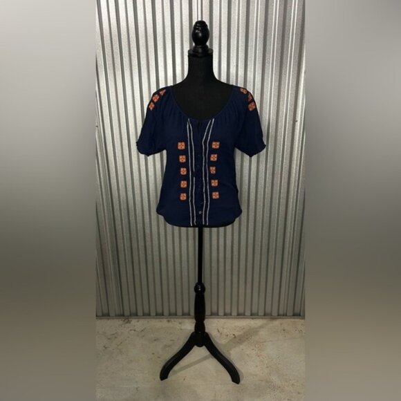 Women’s Joie Blue Orange Geometric Short Sleeve Blouse Top Designer Size Medium - Picture 1 of 4